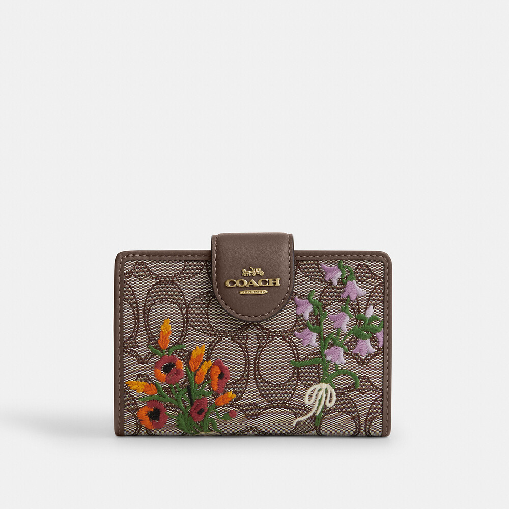 Coach Brown Signature Floral Compact Wallet with Gold Hardware
